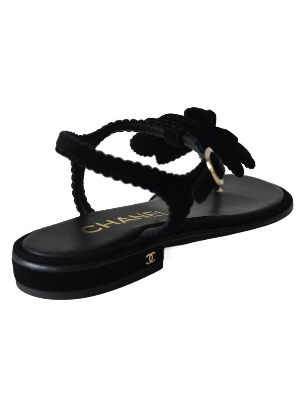 Chanel Velvet Pearl Camellia Thong Sandals Black - Picture 3 of 5